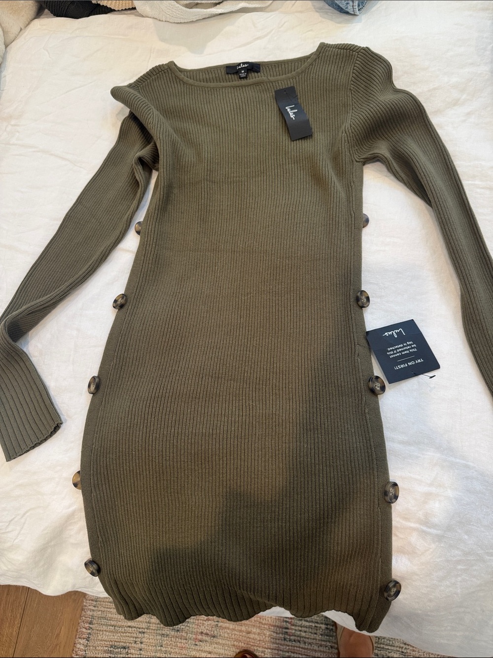 Lulu's Olive Ribbed Long Sleeve Button-Side Knit Dress